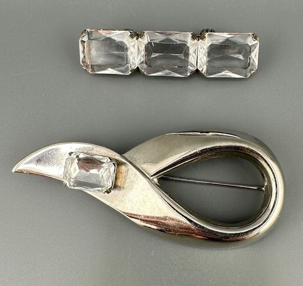 Vintage Rhinestone Brooch Lot Silver Tone Clear Emerald Cut Crystal Bar Abstract